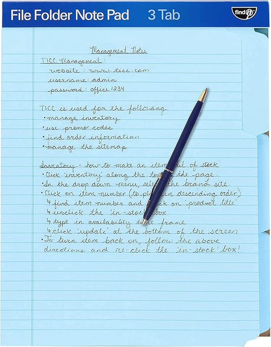 Find It File Folder Notepad - Pack of 72-9.5 x 12.5 Inch Notebook Organizer Folders for Filing, Document, and Clipboard Organization - Blue