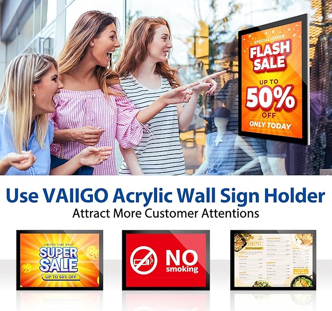 Acrylic Magnetic Sign Holder Wall Mount, Self Adhesive Magnetic Display Frame with Nano Tape and Strong Magnetic Border for Wall, Door, Glass, Home, Store, Office (Black, 11" x 17" / 10 Pack)