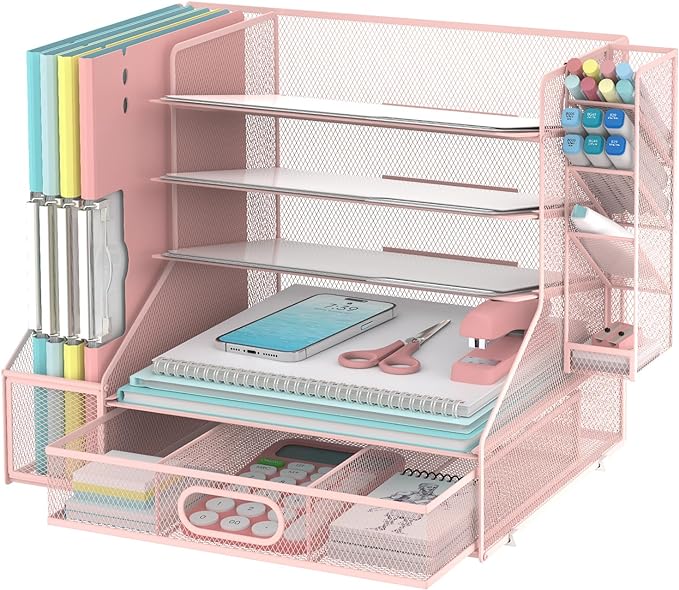 SUPEASY Desk Organizer with File Holder, 5-Tier Mesh Paper Organizer Letter Tray with Pen Holder and Drawer, Desk Organizers and Accessories with 3 Tilted File Sorter for Office Supplies, Pink