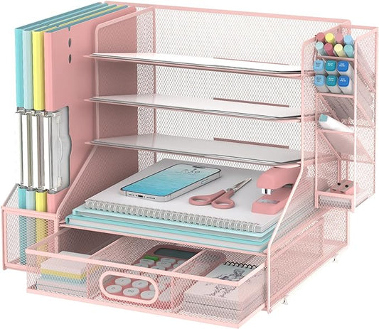 SUPEASY Desk Organizer with File Holder, 5-Tier Mesh Paper Organizer Letter Tray with Pen Holder and Drawer, Desk Organizers and Accessories with 3 Tilted File Sorter for Office Supplies, Pink