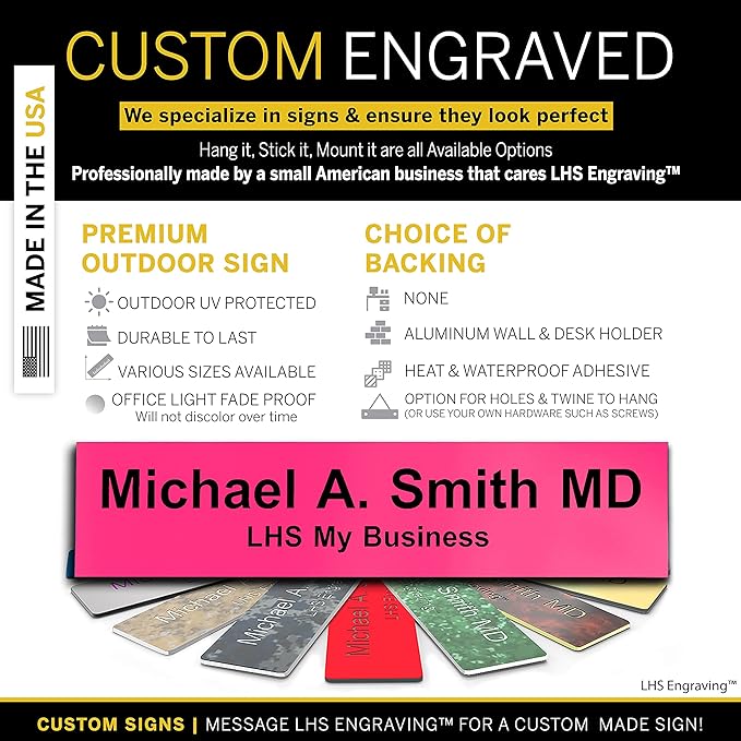 Door Name Plate Personalized for Office Pink Plastic Name Plate Black Letters - Made in USA 2x6 B12