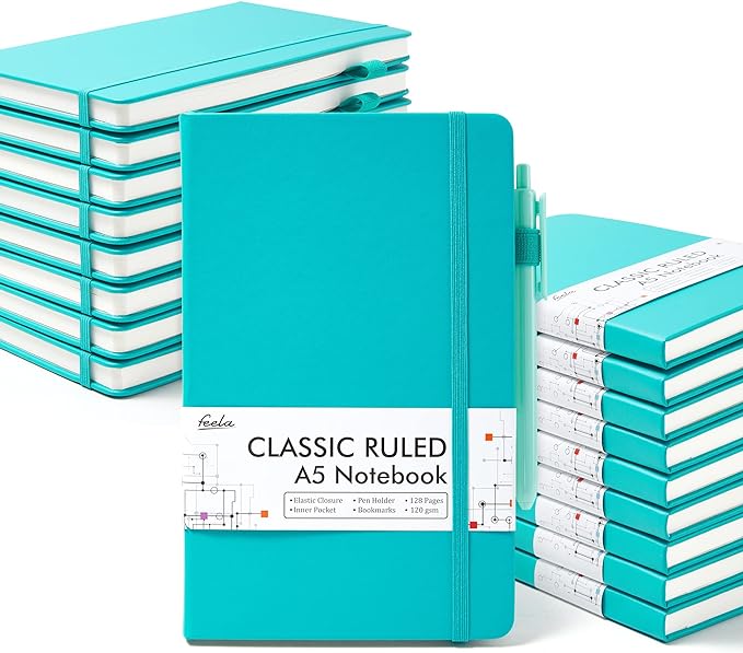 feela 18 Pack Journal Notebook for Work, Business Notebook Bulk Hardcover Lined Writing Journal with Pen Holder for Men Women Note Taking, with 18 Black Pens, 120 GSM, 5.1”x8.3”, A5, Emerald