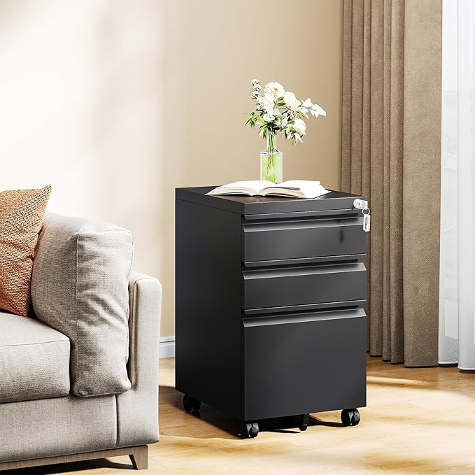 MIIIKO File Cabinet 3 Drawers on Wheels Under Desk, Black Metal Rolling File Cabinets with Lock for Home Office, Un-Assembled Filing Cabinet with Lock