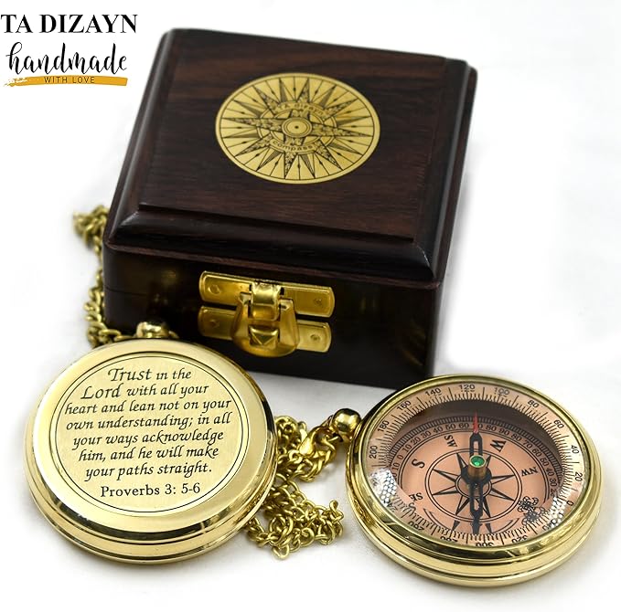 Trust in The Lord With All Your Heart - Proverbs 3:5-6 Quote Engraved Compass With Wooden Box, Greeting Card, Gift Compass, Graduation Day Gifts 2024 for Women Men Boys Girls