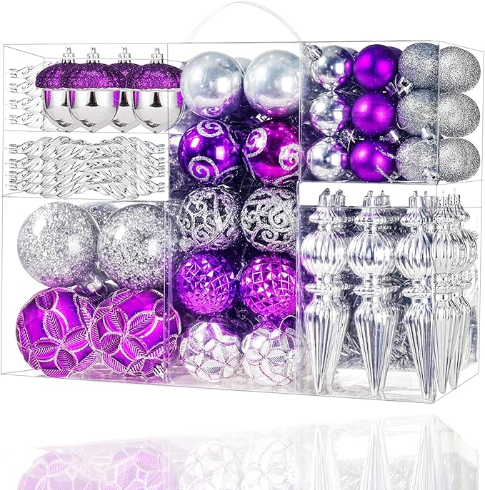 123pcs Christmas Ball Ornaments Set, Shatterproof Plastic Balls for Classic Xmas Decorations, Hanging Ornaments for Christmas Tree, Holiday, Bridal, Home Party, Purple and Silver