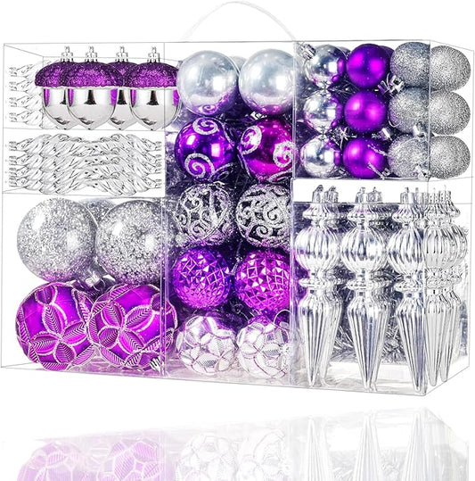123pcs Christmas Ball Ornaments Set, Shatterproof Plastic Balls for Classic Xmas Decorations, Hanging Ornaments for Christmas Tree, Holiday, Bridal, Home Party, Purple and Silver