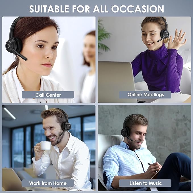 (2025 Upgraded) Wireless Headset with Mic for Work, Bluetooth Headset with Noise Canceling Microphone, Wireless On Ear Headphones with USB Dongle and Mute Mic for Computer