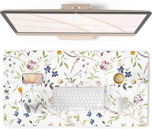 QIYI Floral Mouse Pad, Large Desk Mat for Desktop, Women Girls Watercolor Flowers Office Décor Desk Accessories, PU Leather Waterproof Gaming Mousepad, Wildflowers Desk Pad Computer Mat, 31.5" x 15.7"