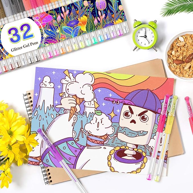 Taotree Glitter Gel Pens, 32 Colors Neon Glitter Pens Fine Tip Art Markers Set 40% More Ink Colored Gel Marker for Adult Coloring Book, Kids Drawing Art Supplies, Scrapbook, Journaling, Sparkle Gifts