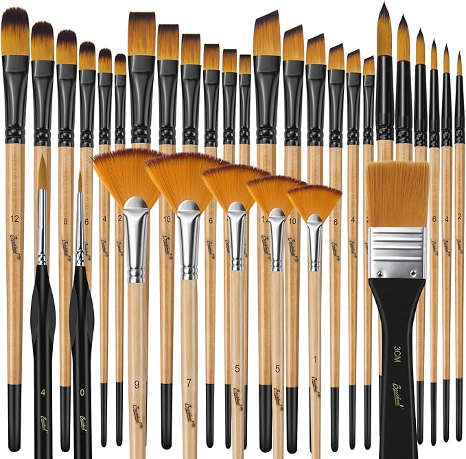 Bougimal 32 Pcs Paint Brush Set, Artist Paint Brushes for Acrylic Painting, Oil, Watercolor, Gouache, with Flat Round Filbert Fan Angle Detail Brush, Suitable for Artists and Beginners