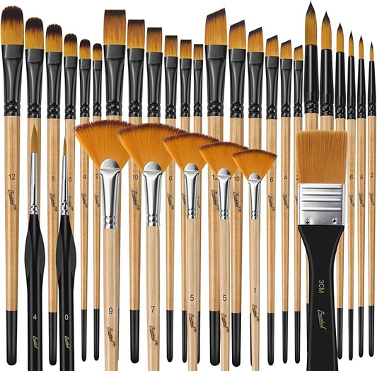 Bougimal 32 Pcs Paint Brush Set, Artist Paint Brushes for Acrylic Painting, Oil, Watercolor, Gouache, with Flat Round Filbert Fan Angle Detail Brush, Suitable for Artists and Beginners