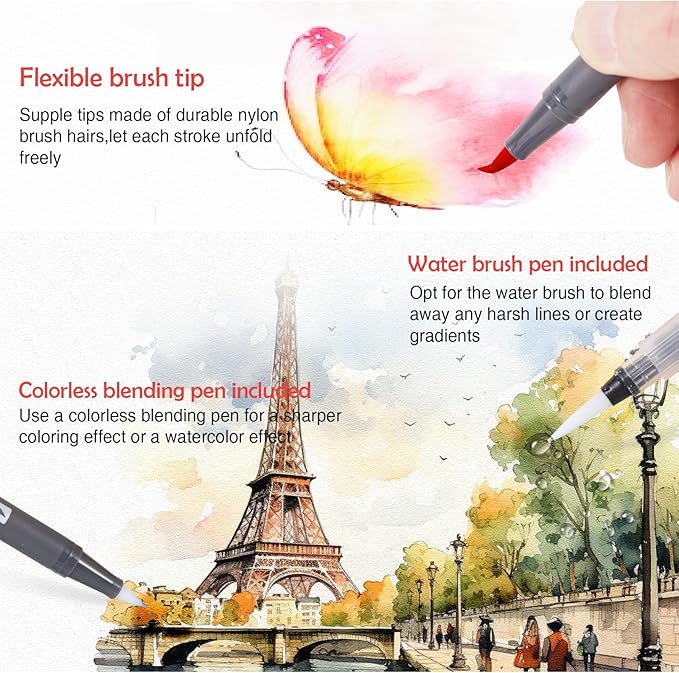 Watercolor Pens Set, 24-Color Dual Tip Paint Markers, Water-Based Coloring Markers with 1 Aquapen, 1 Colorless Blender, and 12-Page Pad, Art Supplies for Artists & Beginners