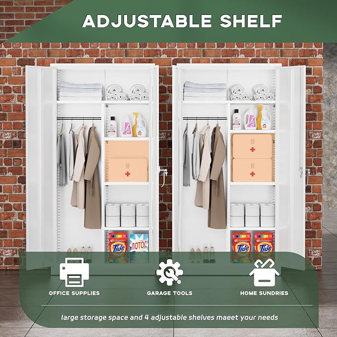 Greenvelly Metal Wardrobe Cabinet with Locking Doors, 72"H White Metal Wardrobe Closet with Hanging Rods and Adjustable Shelves, Clothing Storage Closet for Home, Office, Employee, Gym (16" D x 32" W)