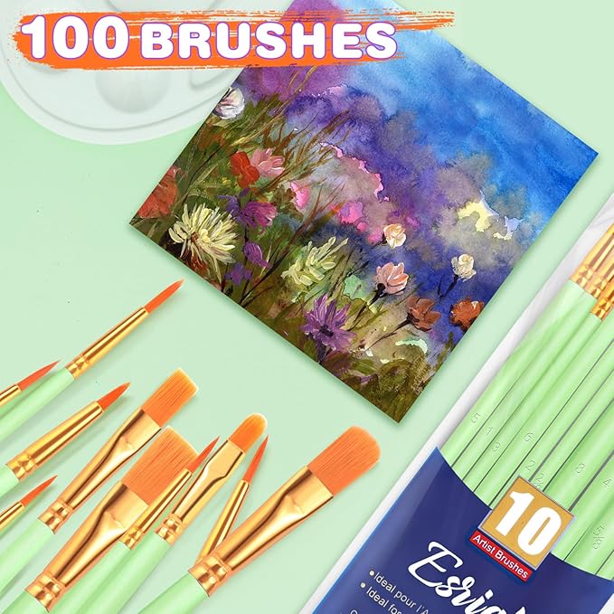 ESRICH Paint Brushes Set,10 Packs 100 Pcs Acrylic Paint Brush Set,Acrylic Oil Watercolor, Face Nail Art, Miniature Detailing,Rock Painting,Painting Artist Professional Kits(Green)