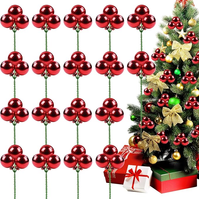 YIYA 18 PCS Christmas Tree Picks Ornaments Red Xmas Ornaments on Wired Stems Shatterproof Christmas Ball Picks Branches for Tree Vase Wreath Garland Indoor Outdoor Garden Holiday Party Decor