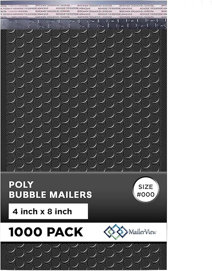 Black Small Bubble Mailers 4x8 Inch #000 | Thick Padded Poly Bubble Mailer Envelopes | 1000 Pack Bulk | Trading Card Sports Card Shipping