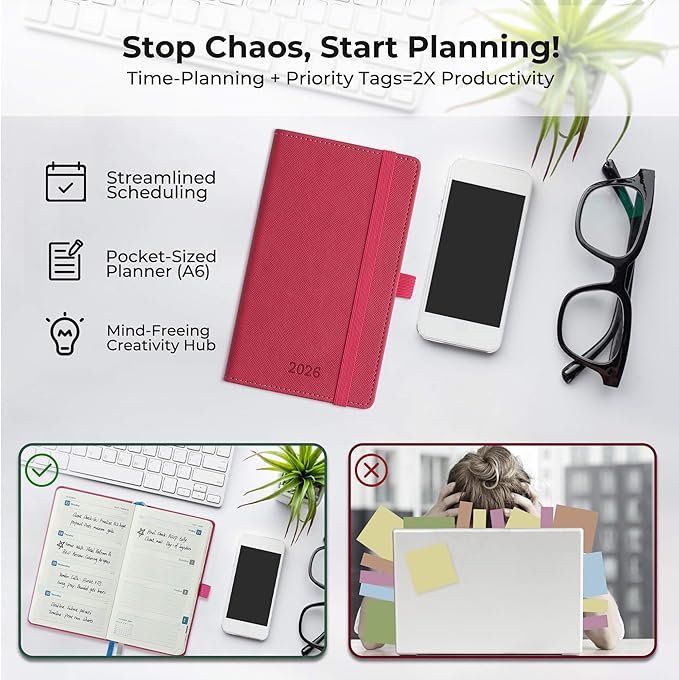 Weekly Monthly 2026 Planner (Jan.26-Dec.26),6.5"x3.75",12 Months Agenda Plan with Month Tabs & Pocket,Expenses/Note Pages, Appointment Book Calendar with Vegan Leather Cover,Rose Red