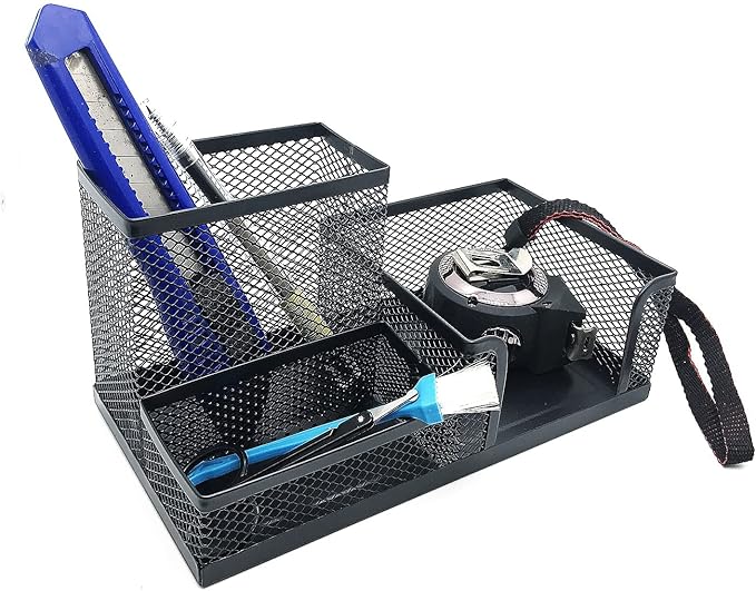 Mesh Desk Organizer,Desktop Organizer Metal Office Supplies Caddy with Pencil Holder and Storage Baskets for Desk Accessories, 3 Compartments Black