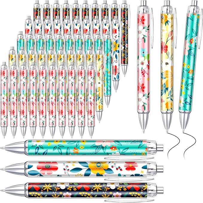 Thenshop 50 Pcs Floral Pens Bulk Flower Colorful Floral Flower Theme Gel Ink Ballpoint Pen Appreciation Gifts Party Favors for Friends Employee Office Holiday