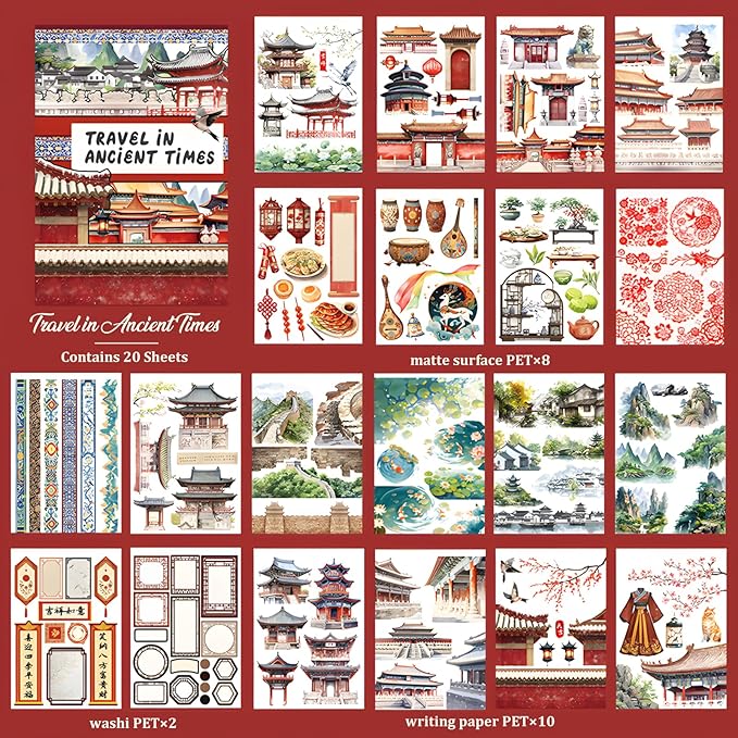 Snycler Ancient Times Theme Sticker Scrapbooking Supplies for Junk Journal, 20 Sheets PET Stickers - Vintage Journaling Stickers, Ephemera Sticker Book Pre Cut, Planner, Junk Journal Supplies
