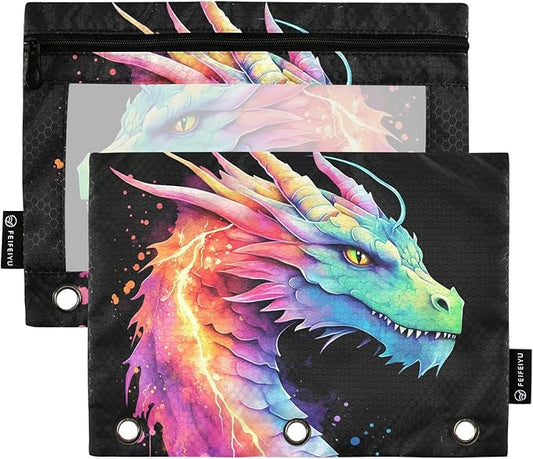 Lightning Dragon Watercolor Pencil Pouch for 3 Ring Binder, 2 Pack Waterproof Pencil Bags Clear Window Zipper School Office Supplies