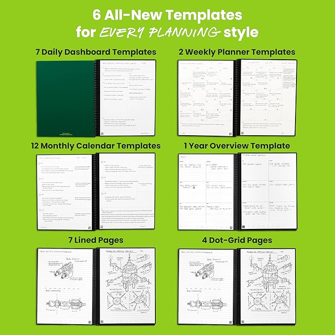 Rocketbook Flex Reusable Planner, Smart Undated, Daily, Weekly, Monthly, Annual Calendar Templates, Letter Size 8.5x11, Green (Pack of 1)