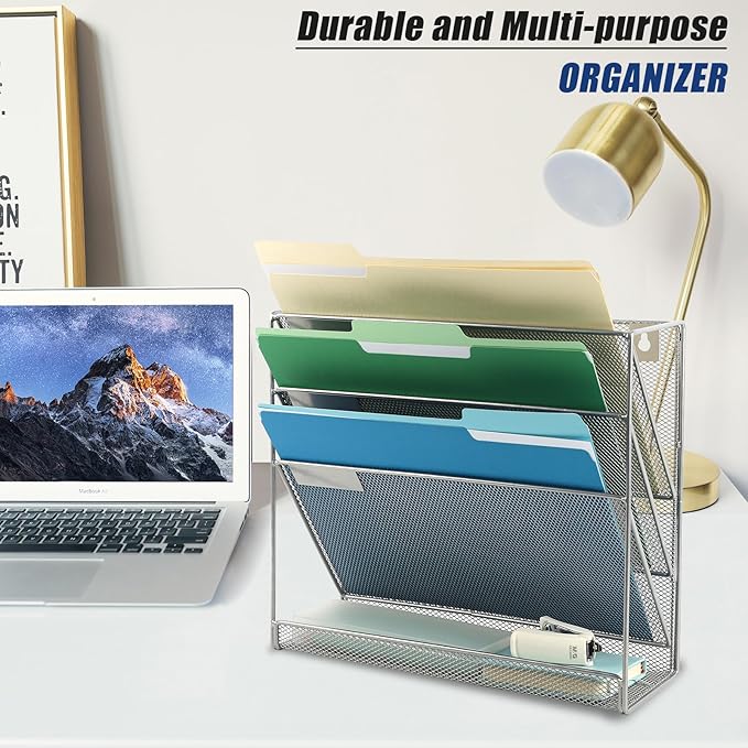 EASEPRES Desk File Organizer Mesh 4-Tier, Hanging Wall Mount Document Organization Stand, Desktop Vertical Mail Paper Folder Holder Rack with Bottom Tray for Office Home Cubicle Countertop, Silver