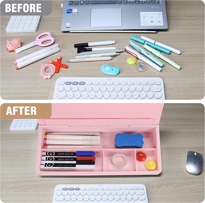 SELEAD Desktop Glass Whiteboard with Storage, Small Dry Erase White Board Computer Pad Keyboard Stand for Home, School, Office Desk Accessories - Pink