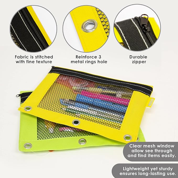 BAZIC Pencil Pouch 3 Ring Binder Pouch w/Rivet Enforced Rings Holes, Mesh Window, Bright Assorted Color Zipper Pouches Case, 24-Pack