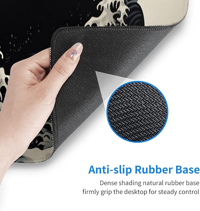 Stylish Japanese Ukiyo-e Style White and Black Ocean Wave Art Print Themed Mouse Pad 31.5 x 12 Inch, Anti-Slip Rubber Base, Ideal for Computer, Laptop, Office & Home Use