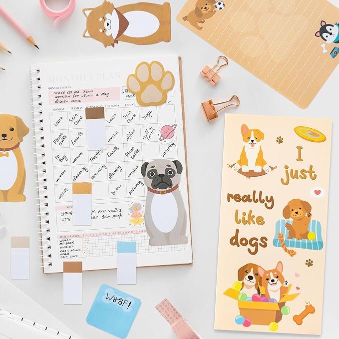 Xqumoi I Just Really Like Dogs Sticky Notes Set, 550 Sheets, Cute Cartoon Puppy Self-Stick Notes Pads Animal Divider Tabs Bundle Writing Memo Pads Back to School Office Supplies Small Gift