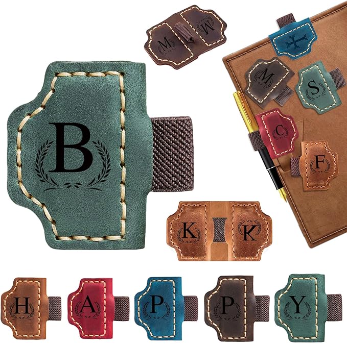 Custom Bygone Mark Bookmark with Pen Holder, 26 Letters Name Initial Personalized Magnetic Leather Bookmark, Gifts for Book Lovers, Readers, Travelers, Leather Book Marks (Blackish Green, B)
