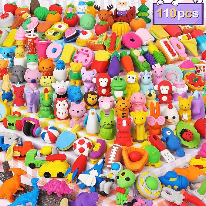Arscniek 110 Pack Animal Erasers for Kids, Take Apart Mini Pencil Erasers, Desk Pets & Treasure Box Toys, Bulk Party Favors, Stocking Stuffers, Classroom Prizes, School Supplies, Gift for Boys & Girls