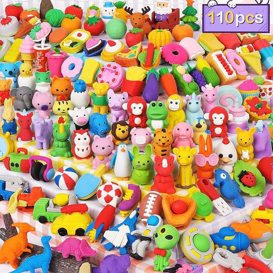 Arscniek 110 Pack Animal Erasers for Kids, Take Apart Mini Pencil Erasers, Desk Pets & Treasure Box Toys, Bulk Party Favors, Stocking Stuffers, Classroom Prizes, School Supplies, Gift for Boys & Girls