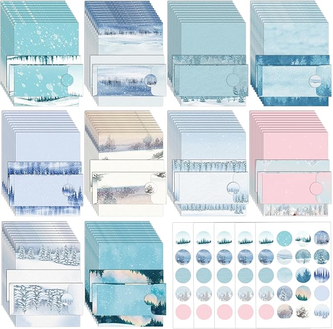 250Pcs Christmas Winter Stationery Paper and Envelope Set with 100 Letterhead Papers and 50 Envelopes, 10 Design for Letter Writing Invitations Computer Holidays Party Notes, 8.5x11 Inch-Snowy