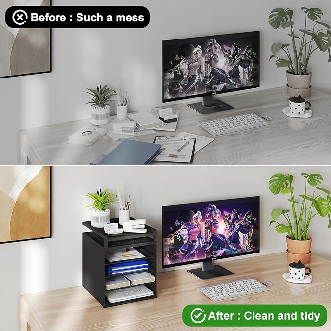 Aothia Desk Organizer with 4 Sliding Trays – Metal File Organizer for Desktop, Hanging Under Desk Organizer and Paper Tray Shelf, Space-Saving Office Document Sorter, Black