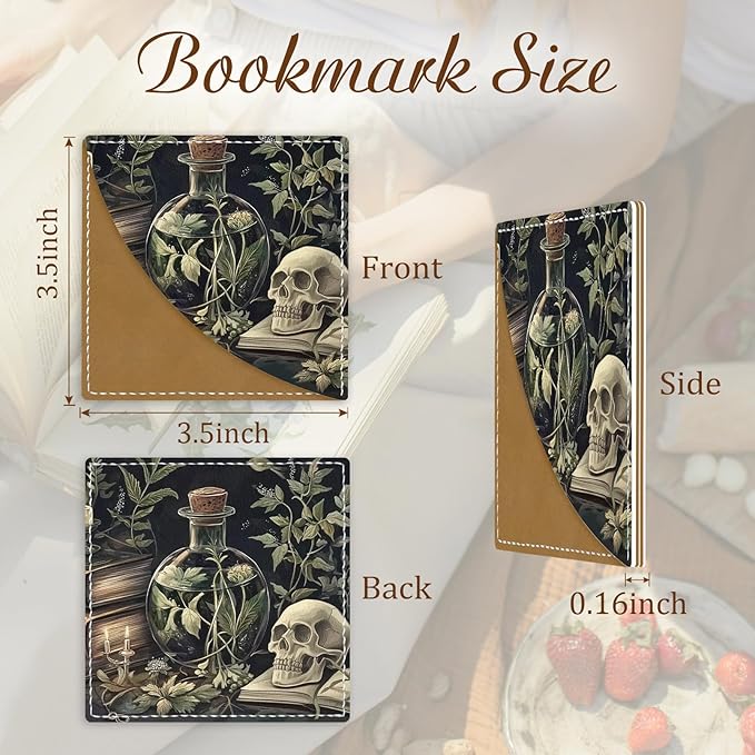 Gothic Skull Corner Bookmarks, Funny Bookshelf Leather Book Accessories for Book Lovers, 3 Pcs Reading Book Page Markers for Women Men Student Teacher Retirement Birthday Gifts