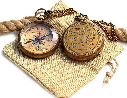 Trust in The Lord With All Your Heart - Proverbs 3:5-6 Quote Engraved Compass With Wooden Box, Greeting Card, Gift Compass, Graduation Day Gifts 2024 for Women Men Boys Girls