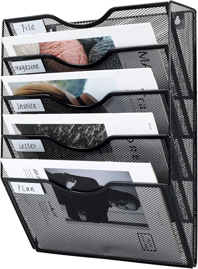 PAG Hanging Wall File Holder Mail Organizer Wall Mount Document Letter Rack, 5-Tier, Black