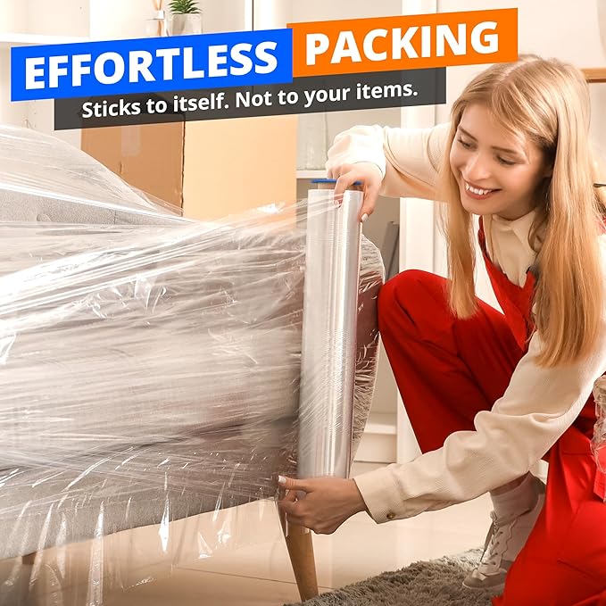 4 Rolls x 18" x 1500 FT x 80 Gauge Clear Non-Stretch Heavy Duty Plastic Stretch Wrap Shrink Film | Shipping Packaging Moving Packing Logistics | Thicker Extra Durable Film | Wrap Holder Included