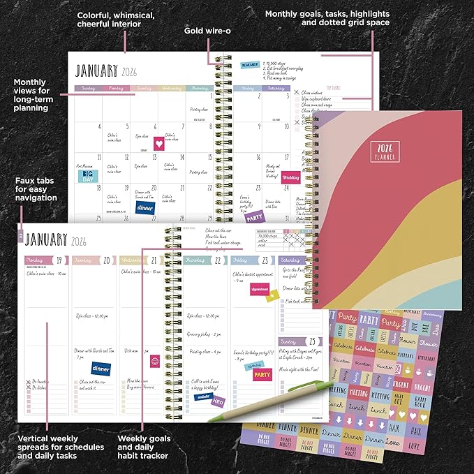 TF Publishing 2026 Color Wave Medium Weekly Monthly Planner with 12-Month Calendar Grid and Task Tracker - Vertical Weekly Schedule Planner with Habit Tracker and Stickers - 6.5in x 8in