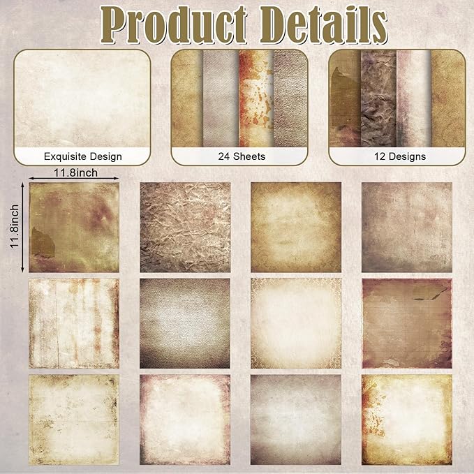 48 Sheets Vintage Scrapbook Paper 11x11, Kraft Pattern Decorative Scrapbook Paper for Journals DIY Cards and Photo Albums, Aesthetic Craft Supplies for Kids and Adults