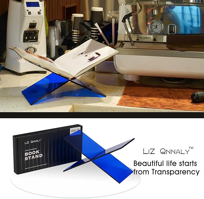 Large Clear Acrylic Book Stand - Perfect for Displaying Open Books on Your Coffee Table - Ideal for Bibles, Cook Books, Guest Books, Magazines, Each with a Lucite Paperweight (Blue)