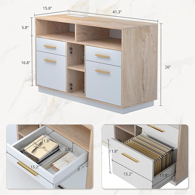 4 Drawer File Cabinet, Wood Filing Cabinet for Home Office with Lock, Power Strip, Storage Shelves, Home Office Lateral File Storage Fits Legal/Letter Size, Light Walnut