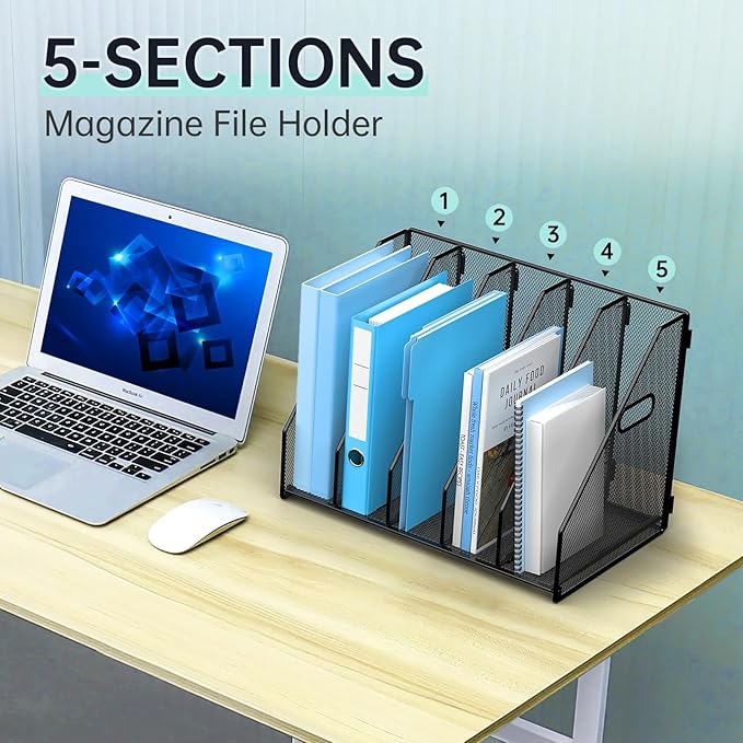 Desk File Organizer Metal Desk Magazine Folder Holder with 5 Vertical Compartments Rack File Organizer for Office, Home, School, Black