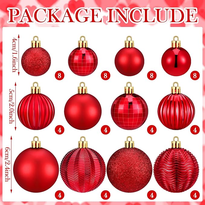 64 Pcs Red Christmas Ball Ornaments Matt Glitter Red Ornament for Christmas Tree 1.6/1.97/2.4 Inch Shatterproof Hanging Xmas Decoration for Tree Holiday Indoor