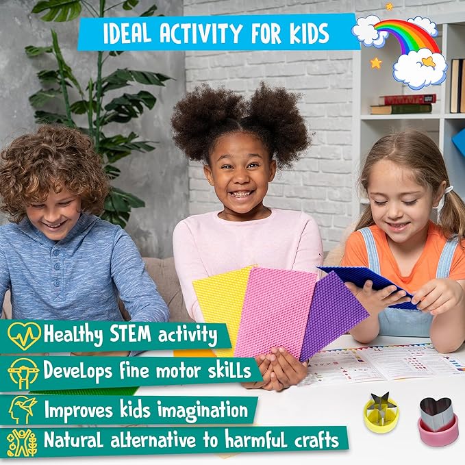 Beeswax Candle Making Kit for Kids - 100% Pure Bees Wax (16 Multicolor Sheets) DIY Candle Rolling Supplies for DIY Art Craft and STEM Projects for Boys and Girls – Includes 6 Safe Wax Cutter Tools