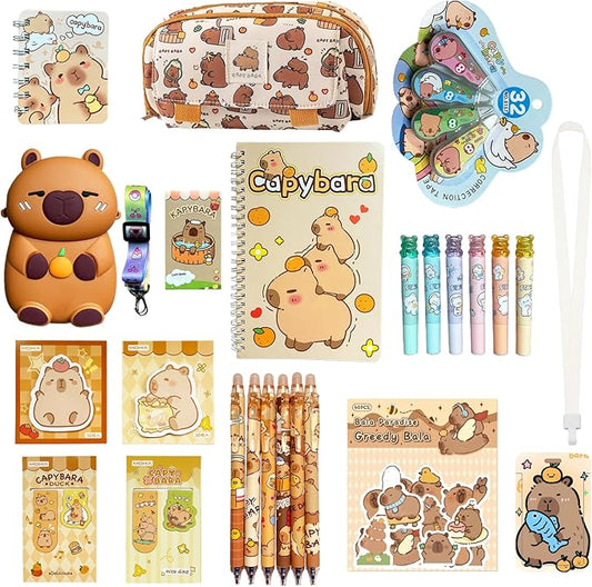 Capybara Stationery Gifts Set for Kids,28 Pcs Kawaii School Supplies Kit with Pencil Case,Notebooks,Erasable Pens,Stickers-Cute Back to School,Easter,Birthday & Christmas Gift Box