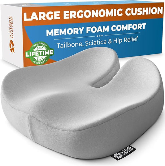 5 STARS UNITED Seat Cushion for Tailbone Pain Relief – Large Memory Foam Lifting Pillow for Coccyx, Hip, Sciatica & Post-Surgery Recovery – Wheelchair, Car, Desk, Gaming & Office Chairs, Light Gray