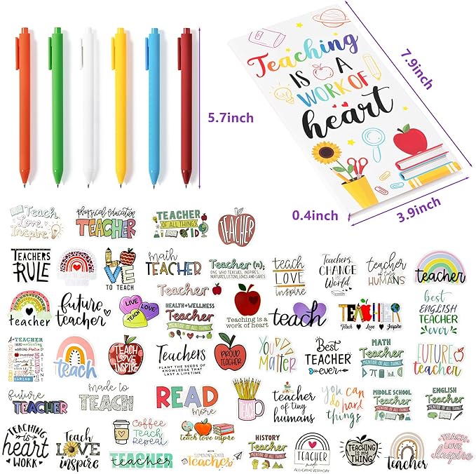 Xqumoi 3 Pack Teacher Sticky Notes with Pen Stickers Stationery Set Black Gel Ballpoint Pens Teacher Self-Stick Notes Pads Rainbow Apple Vinyl Stickers Back to School Office Supplies Gift with Box